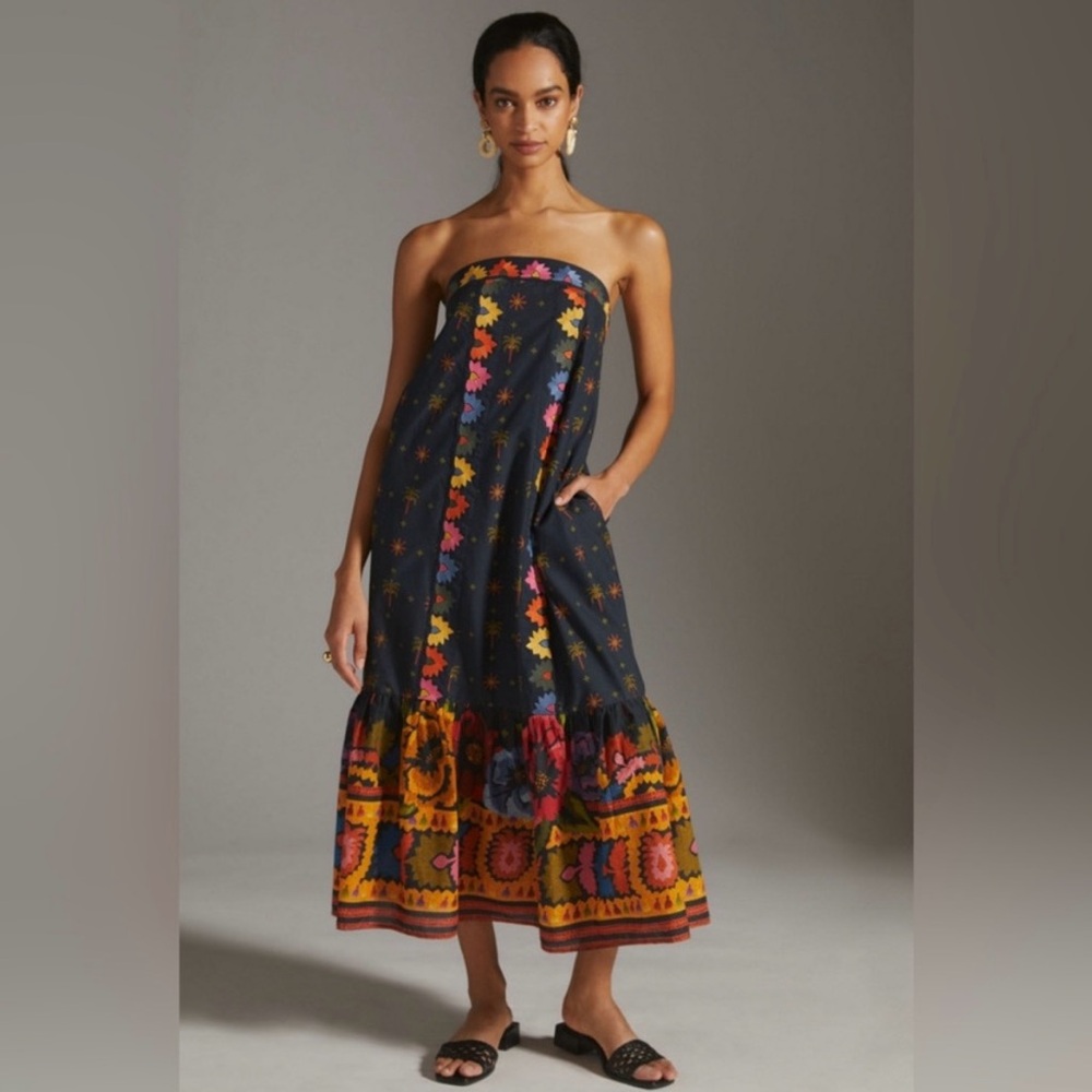 Farm Rio Anthropologie Embroidered Maxi Strapless Tie Back Dress